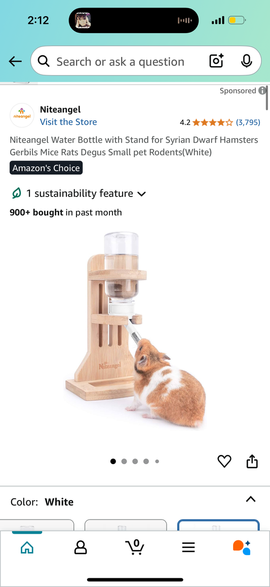 Niteangel Water Bottle with Stand for Syrian Dwarf Hamsters Gerbils Mice Rats Degus Small pet Rodents(White)