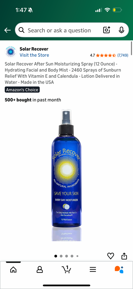Solar Recover After Sun Moisturizing Spray (12 Ounce) - Hydrating Facial and Body Mist - 2460 Sprays of Sunburn Relief With Vitamin E and Calendula - Lotion Delivered in Water - Made in the USA