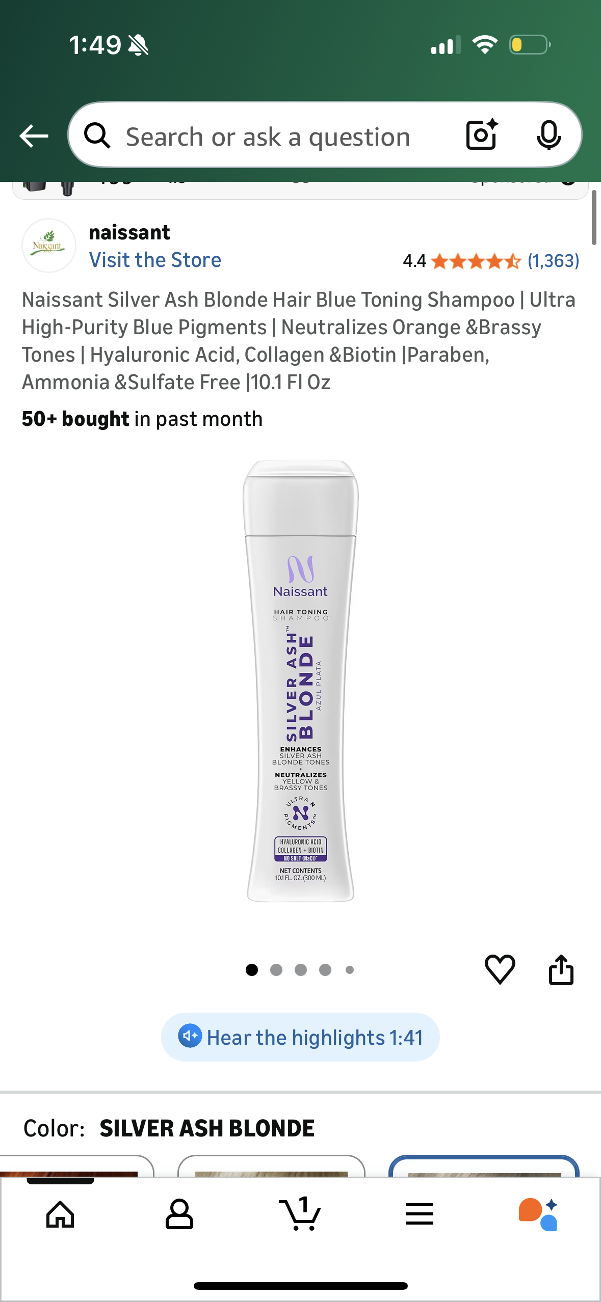 Naissant Silver Ash Blonde Hair Blue Toning Shampoo | Ultra High-Purity Blue Pigments | Neutralizes Orange &Brassy Tones | Hyaluronic Acid, Collagen &Biotin |Paraben, Ammonia &Sulfate Free |10.1 Fl Oz