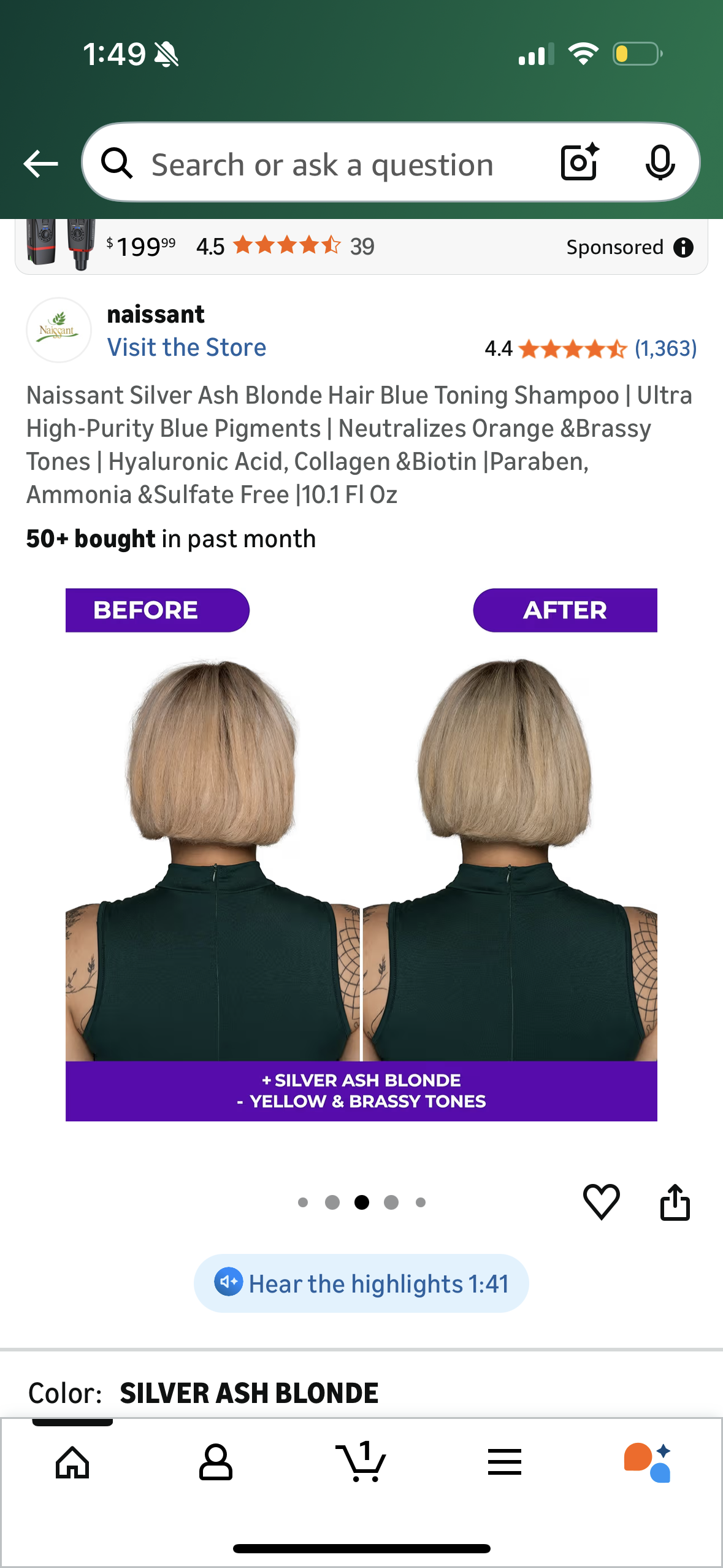 Naissant Silver Ash Blonde Hair Blue Toning Shampoo | Ultra High-Purity Blue Pigments | Neutralizes Orange &Brassy Tones | Hyaluronic Acid, Collagen &Biotin |Paraben, Ammonia &Sulfate Free |10.1 Fl Oz