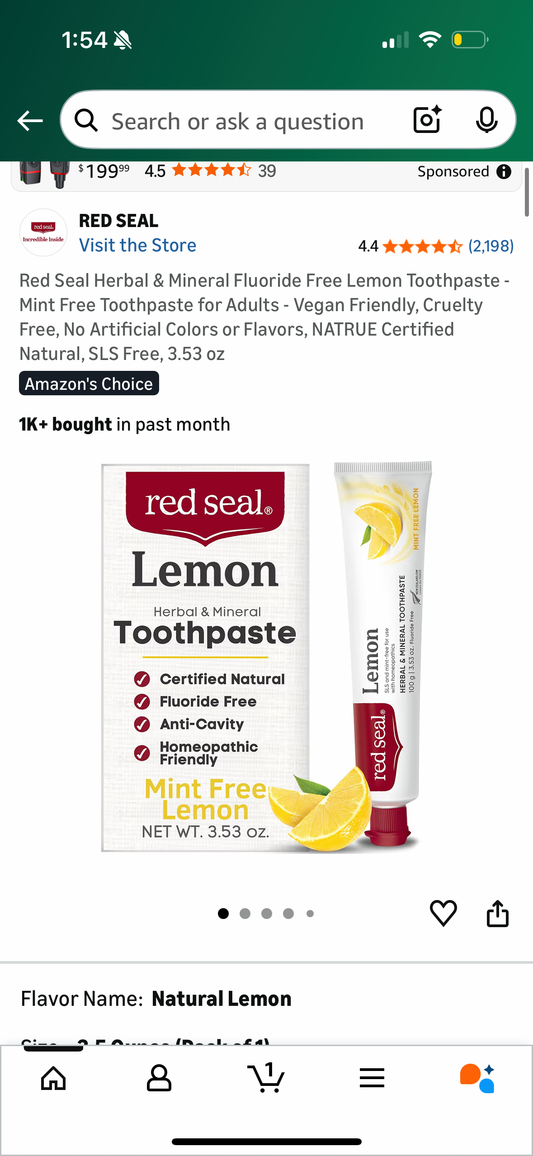 Red Seal Herbal & Mineral Fluoride Free Lemon Toothpaste - Mint Free Toothpaste for Adults - Vegan Friendly, Cruelty Free, No Artificial Colors or Flavors, NATRUE Certified Natural, SLS Free, 3.53 oz