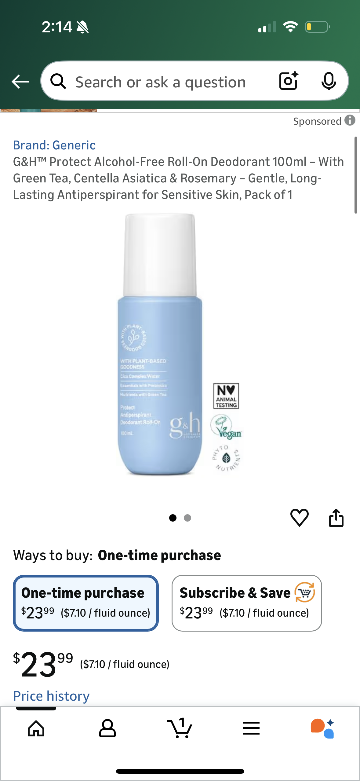 G&H™ Protect Alcohol-Free Roll-On Deodorant 100ml – With Green Tea, Centella Asiatica & Rosemary – Gentle, Long-Lasting Antiperspirant for Sensitive Skin, Pack of 1