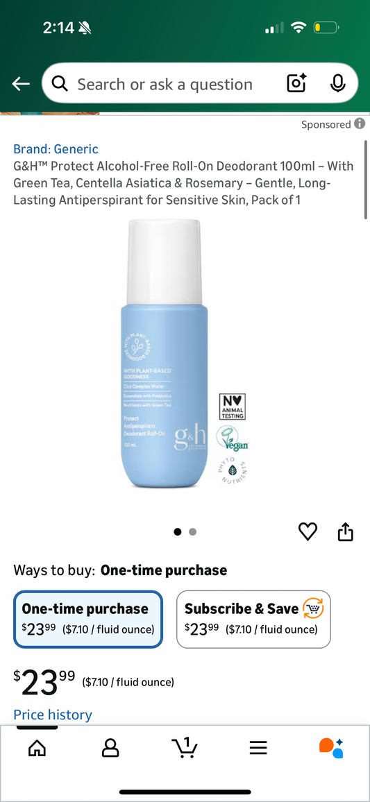 G&H™ Protect Alcohol-Free Roll-On Deodorant 100ml – With Green Tea, Centella Asiatica & Rosemary – Gentle, Long-Lasting Antiperspirant for Sensitive Skin, Pack of 1