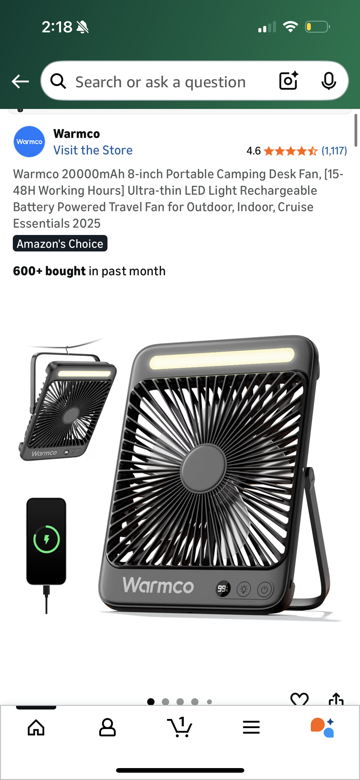 Warmco 20000mAh 8-inch Portable Camping Desk Fan, [15-48H Working Hours] Ultra-thin LED Light Rechargeable Battery Powered Travel Fan for Outdoor, Indoor, Cruise Essentials 2025