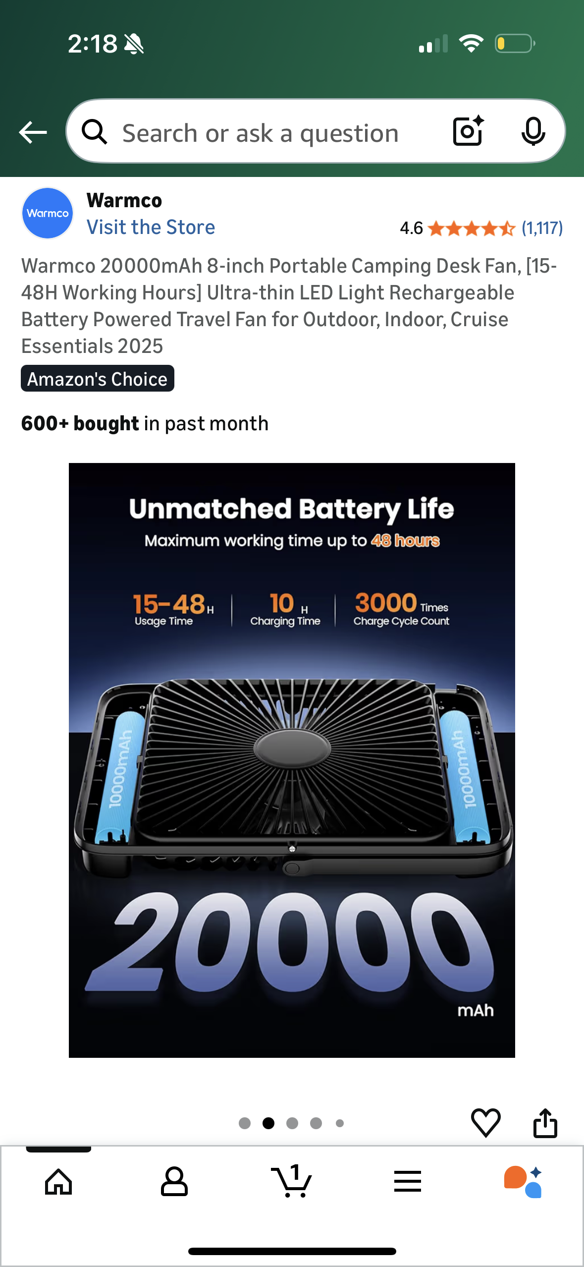 Warmco 20000mAh 8-inch Portable Camping Desk Fan, [15-48H Working Hours] Ultra-thin LED Light Rechargeable Battery Powered Travel Fan for Outdoor, Indoor, Cruise Essentials 2025