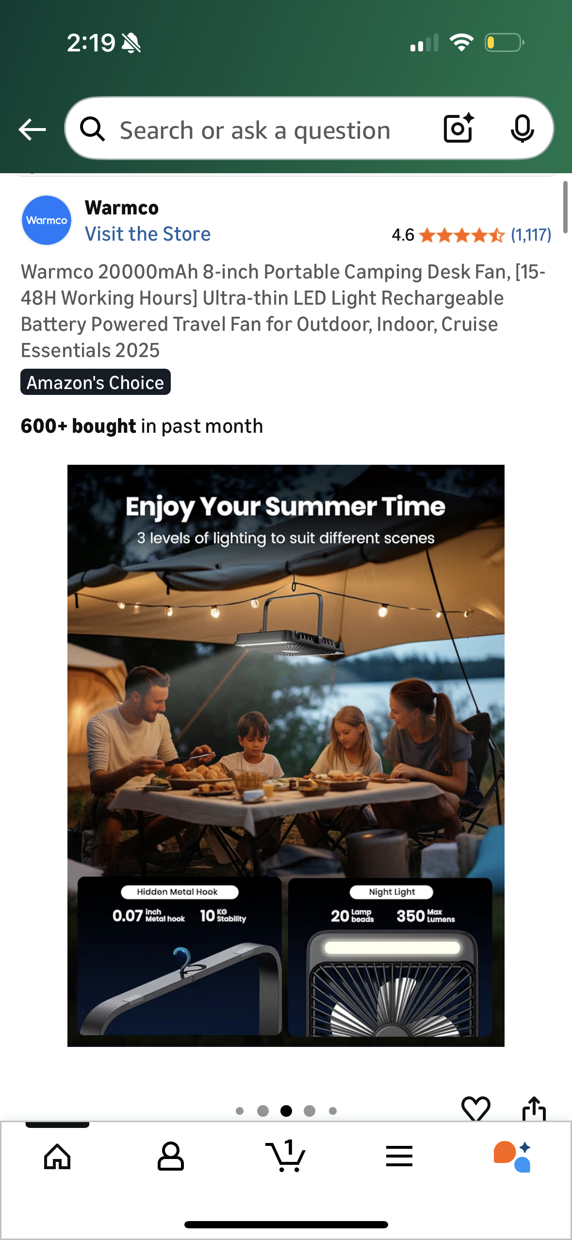 Warmco 20000mAh 8-inch Portable Camping Desk Fan, [15-48H Working Hours] Ultra-thin LED Light Rechargeable Battery Powered Travel Fan for Outdoor, Indoor, Cruise Essentials 2025