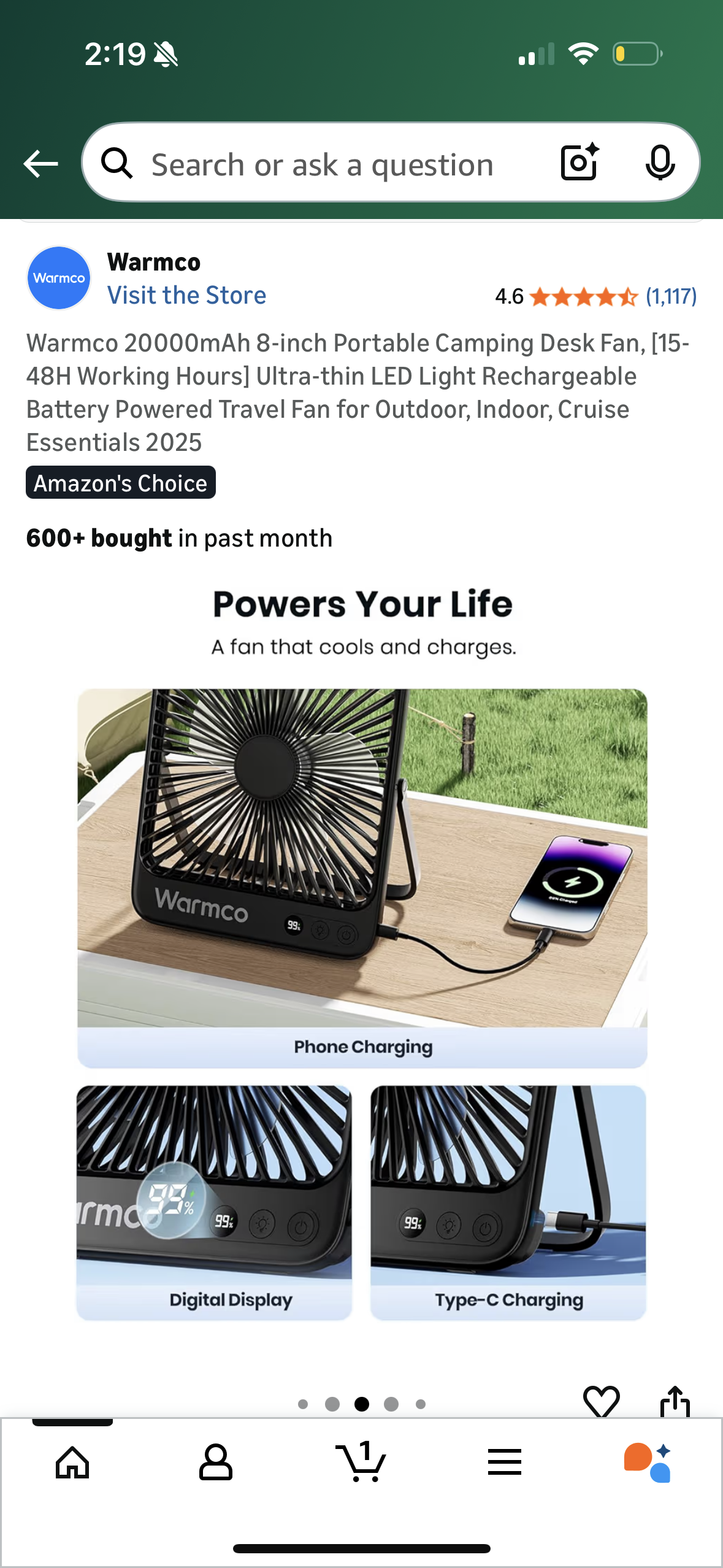 Warmco 20000mAh 8-inch Portable Camping Desk Fan, [15-48H Working Hours] Ultra-thin LED Light Rechargeable Battery Powered Travel Fan for Outdoor, Indoor, Cruise Essentials 2025