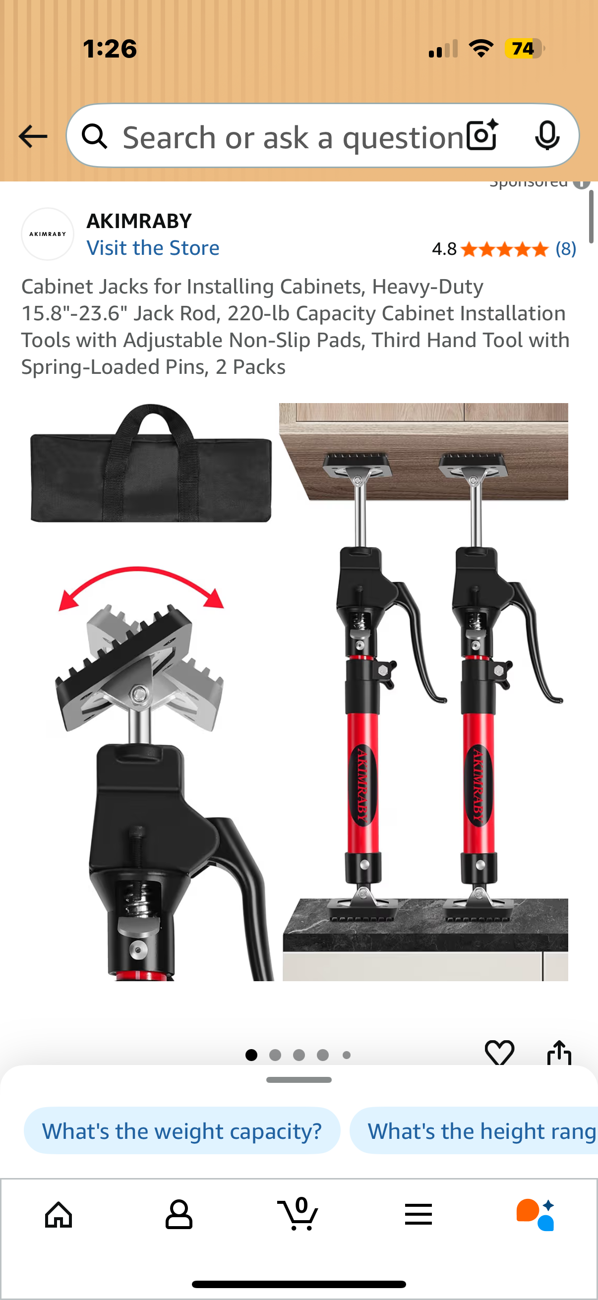 Cabinet Jacks for Installing Cabinets, Heavy-Duty 15.8"-23.6" Jack Rod, 220-lb Capacity Cabinet Installation Tools with Adjustable Non-Slip Pads, Third Hand Tool with Spring-Loaded Pins, 2 Packs