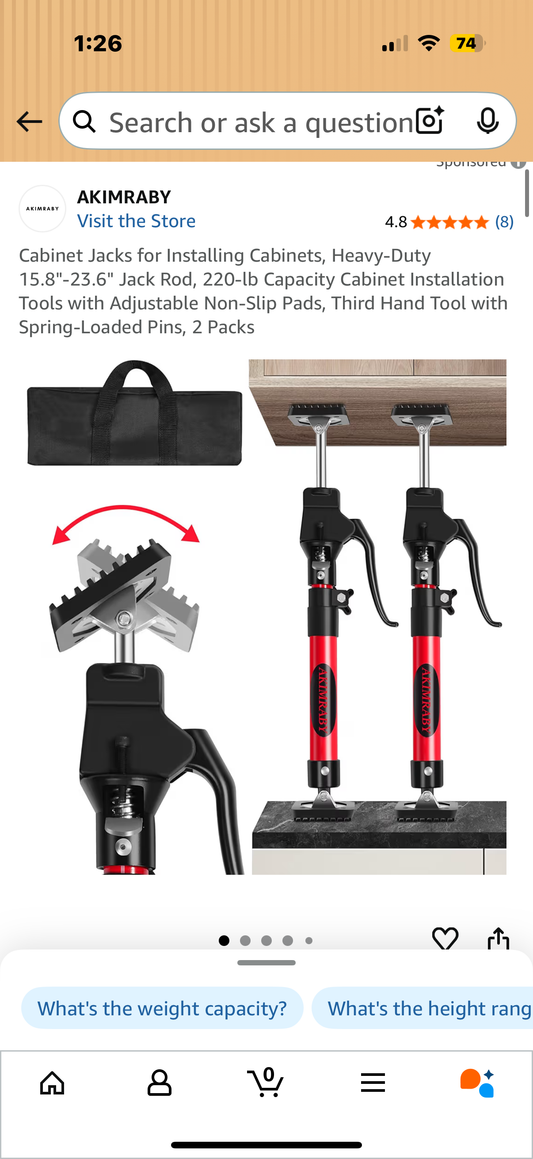 Cabinet Jacks for Installing Cabinets, Heavy-Duty 15.8"-23.6" Jack Rod, 220-lb Capacity Cabinet Installation Tools with Adjustable Non-Slip Pads, Third Hand Tool with Spring-Loaded Pins, 2 Packs