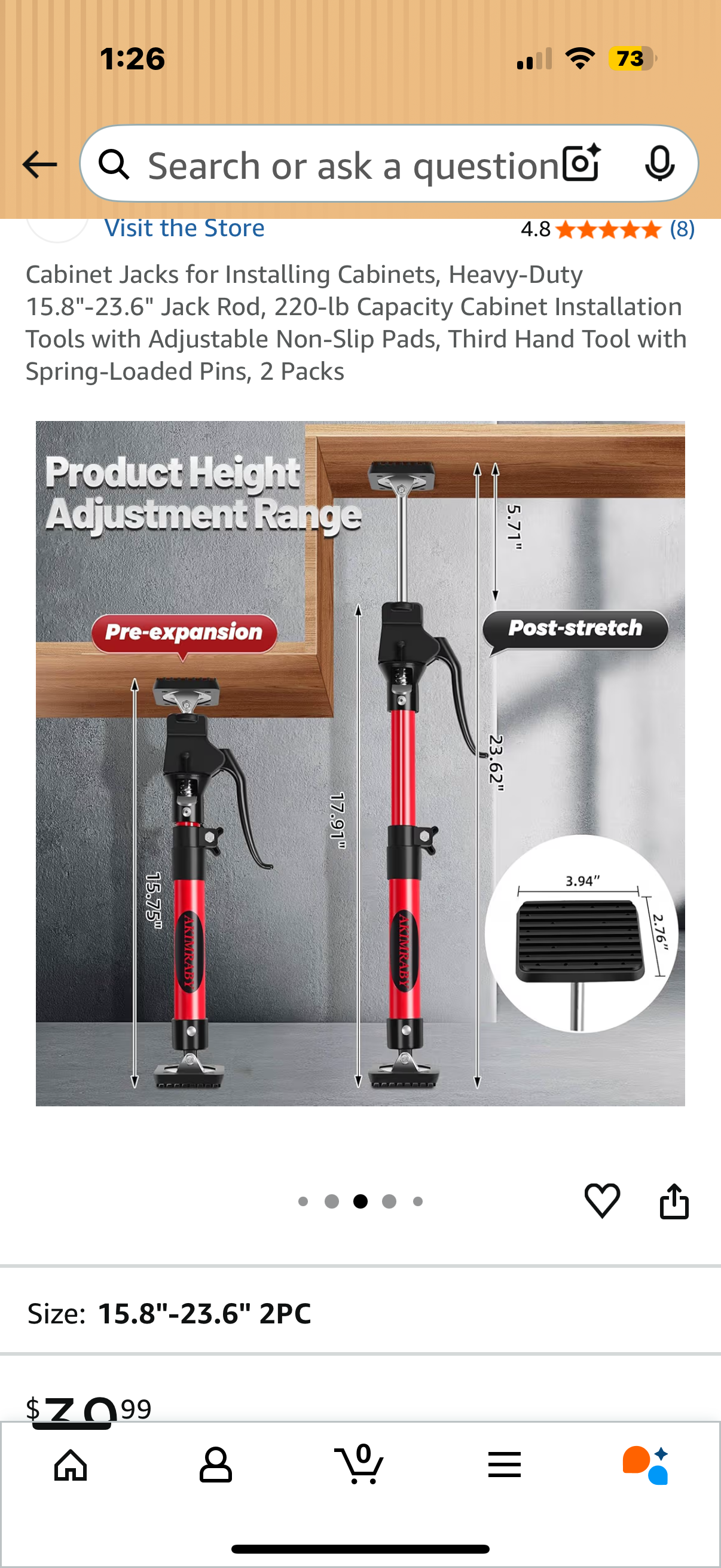 Cabinet Jacks for Installing Cabinets, Heavy-Duty 15.8"-23.6" Jack Rod, 220-lb Capacity Cabinet Installation Tools with Adjustable Non-Slip Pads, Third Hand Tool with Spring-Loaded Pins, 2 Packs