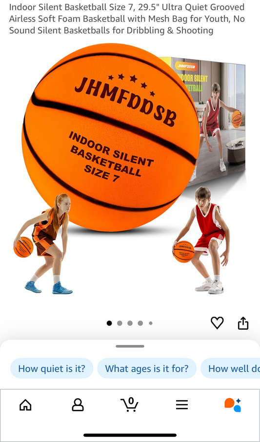 Indoor Silent Basketball Size 7, 29.5" Ultra Quiet Grooved Airless Soft Foam Basketball with Mesh Bag for Youth, No Sound Silent Basketballs for Dribbling & Shooting