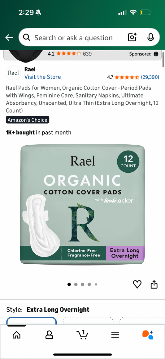 Rael Pads for Women, Organic Cotton Cover - Period Pads with Wings, Feminine Care, Sanitary Napkins, Ultimate Absorbency, Unscented, Ultra Thin (Extra Long Overnight, 12 Count)