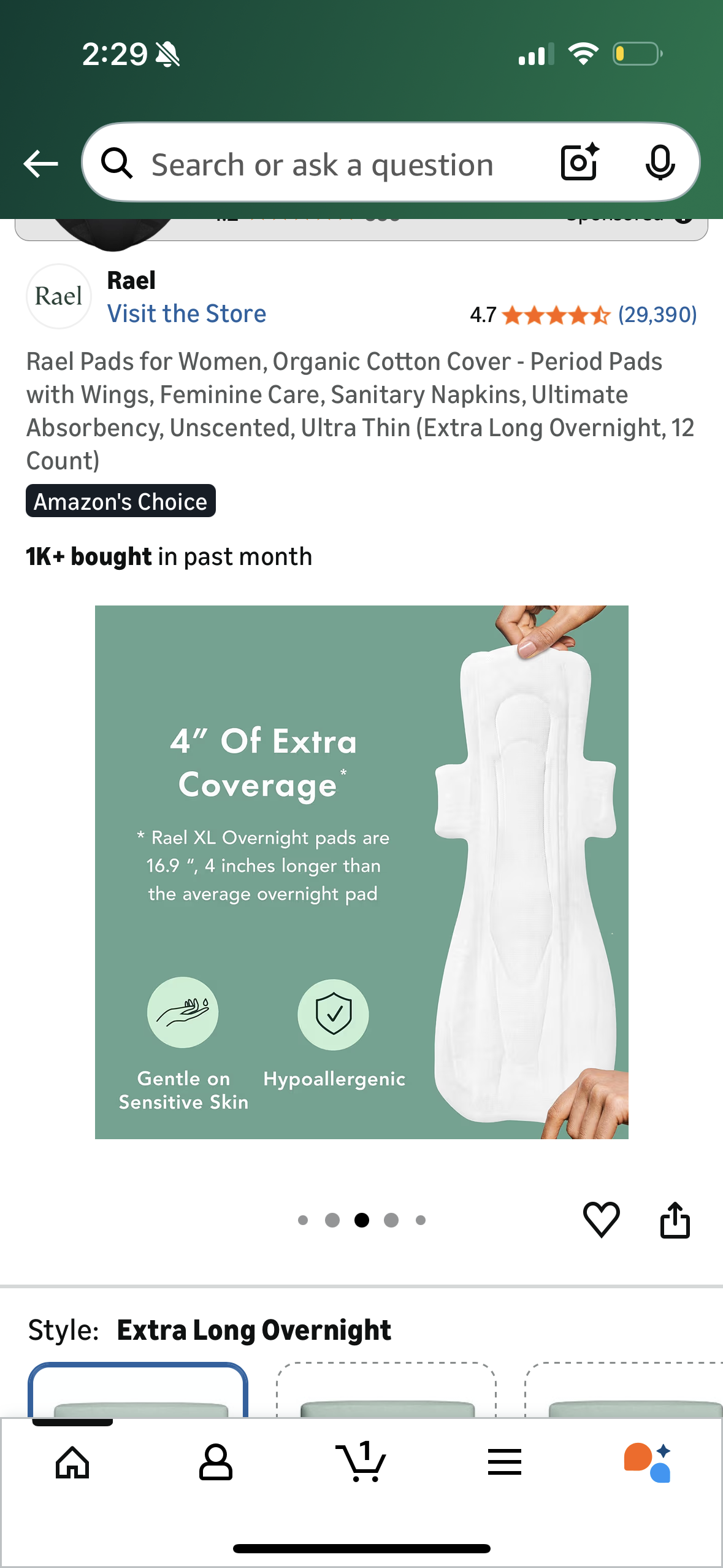 Rael Pads for Women, Organic Cotton Cover - Period Pads with Wings, Feminine Care, Sanitary Napkins, Ultimate Absorbency, Unscented, Ultra Thin (Extra Long Overnight, 12 Count)