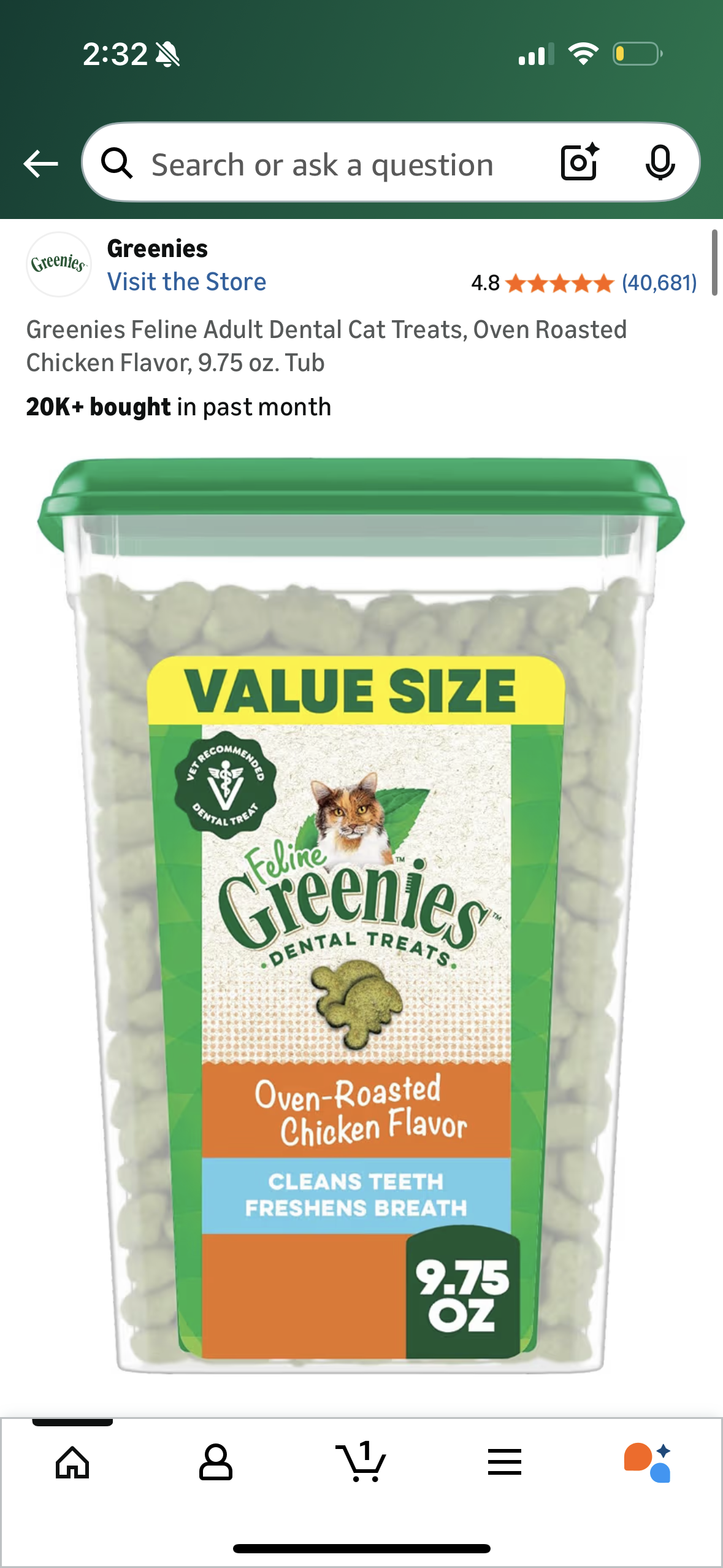 Greenies Feline Adult Dental Cat Treats, Oven Roasted Chicken Flavor, 9.75 oz. Tub