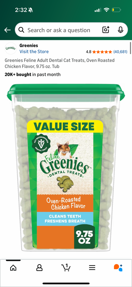 Greenies Feline Adult Dental Cat Treats, Oven Roasted Chicken Flavor, 9.75 oz. Tub