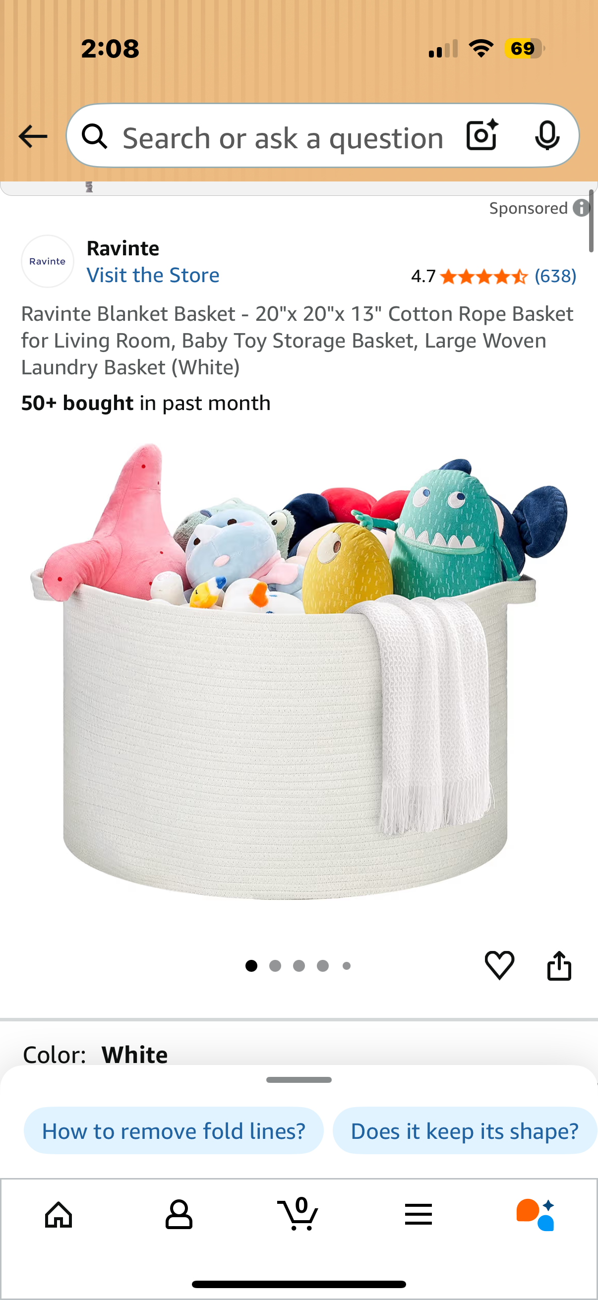 Blanket Basket - 20"x 20"x 13" Cotton Rope Basket for Living Room, Baby Toy Storage Basket, Large Woven Laundry Basket (White)
