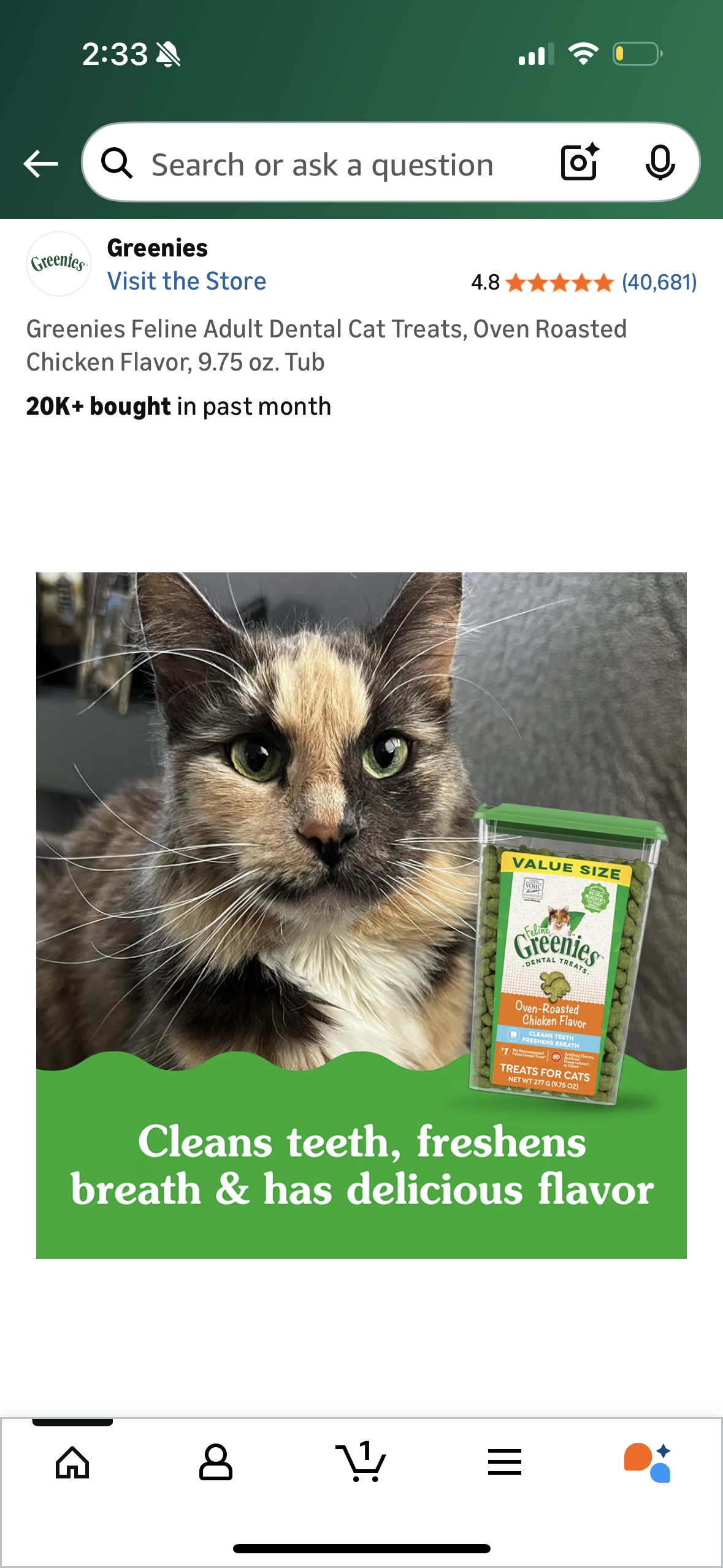 Greenies Feline Adult Dental Cat Treats, Oven Roasted Chicken Flavor, 9.75 oz. Tub