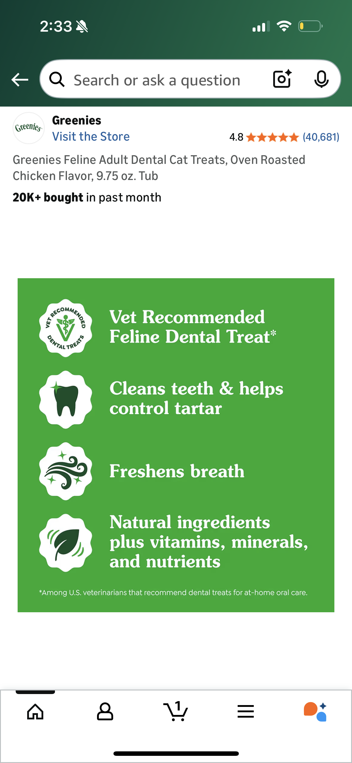 Greenies Feline Adult Dental Cat Treats, Oven Roasted Chicken Flavor, 9.75 oz. Tub