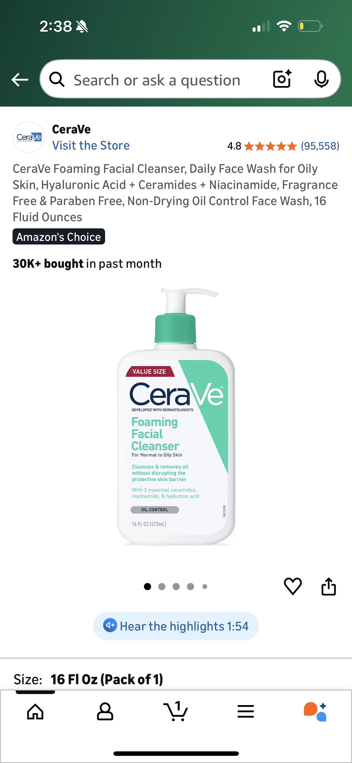 CeraVe Foaming Facial Cleanser, Daily Face Wash for Oily Skin, Hyaluronic Acid + Ceramides + Niacinamide, Fragrance Free & Paraben Free, Non-Drying Oil Control Face Wash, 16 Fluid Ounces