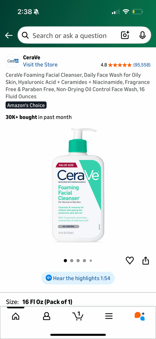 CeraVe Foaming Facial Cleanser, Daily Face Wash for Oily Skin, Hyaluronic Acid + Ceramides + Niacinamide, Fragrance Free & Paraben Free, Non-Drying Oil Control Face Wash, 16 Fluid Ounces