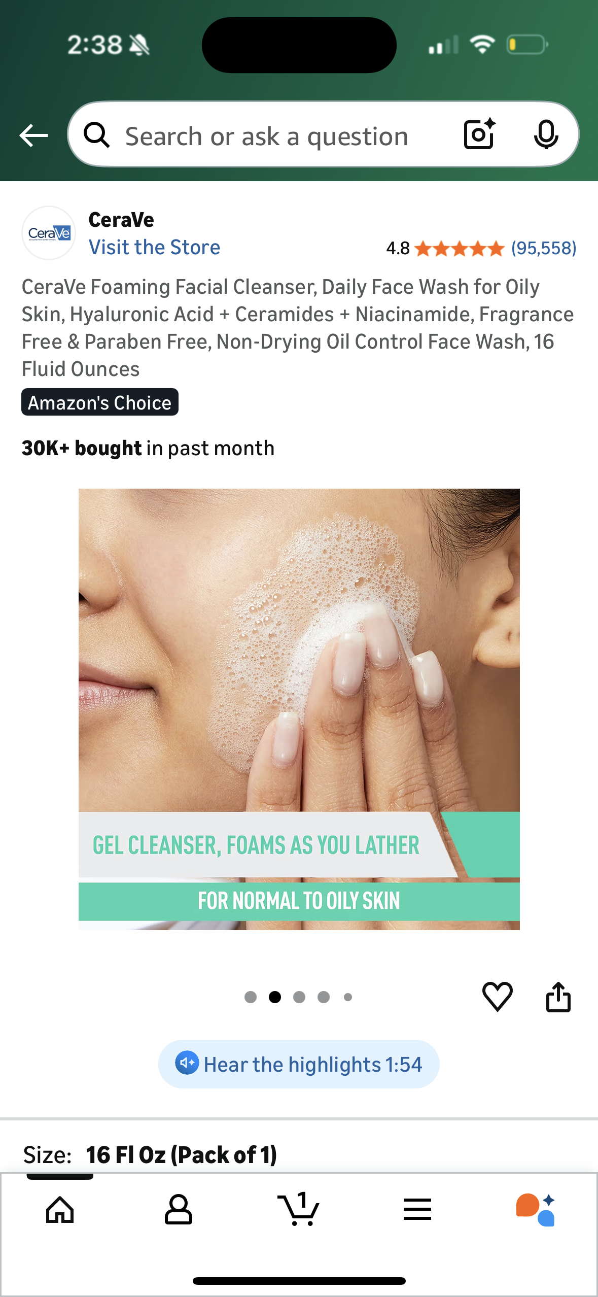 CeraVe Foaming Facial Cleanser, Daily Face Wash for Oily Skin, Hyaluronic Acid + Ceramides + Niacinamide, Fragrance Free & Paraben Free, Non-Drying Oil Control Face Wash, 16 Fluid Ounces