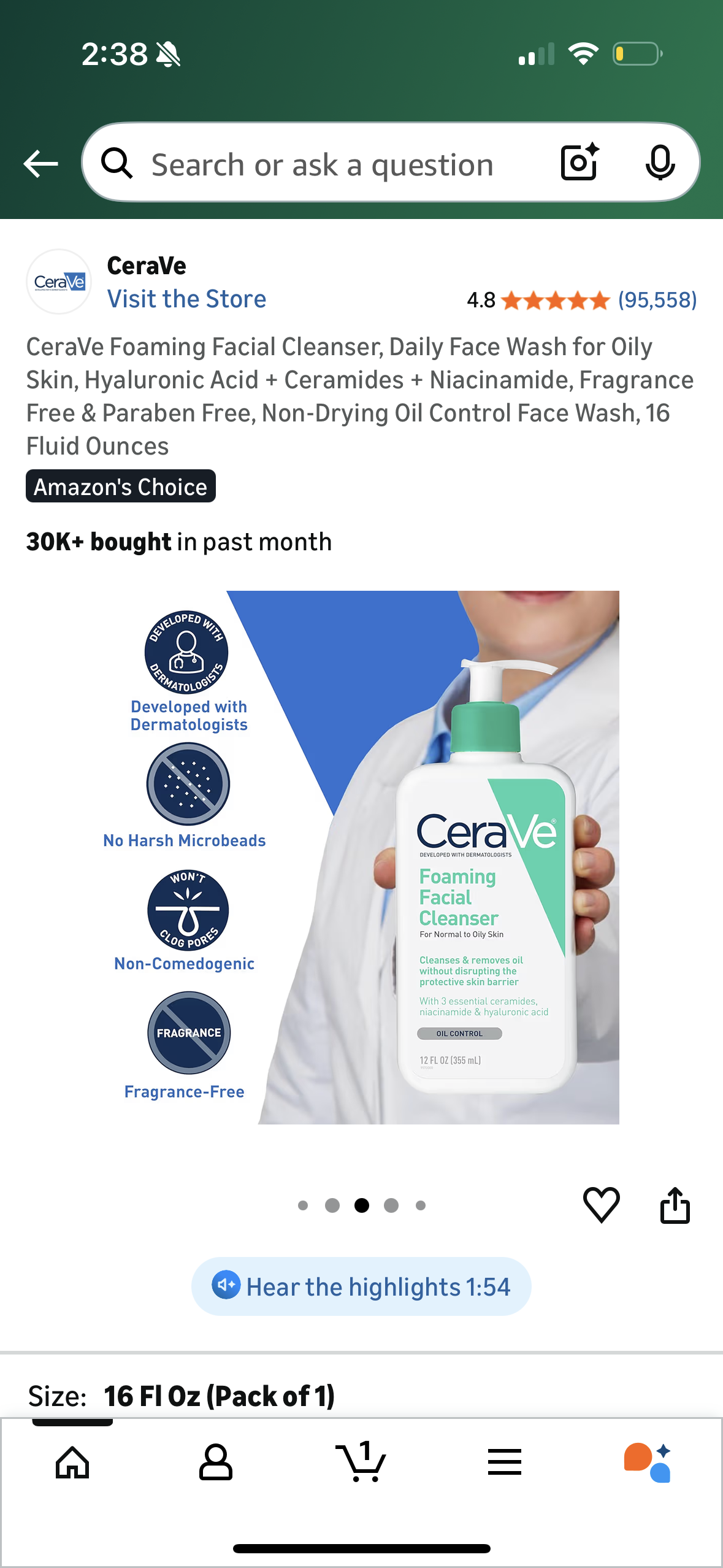 CeraVe Foaming Facial Cleanser, Daily Face Wash for Oily Skin, Hyaluronic Acid + Ceramides + Niacinamide, Fragrance Free & Paraben Free, Non-Drying Oil Control Face Wash, 16 Fluid Ounces