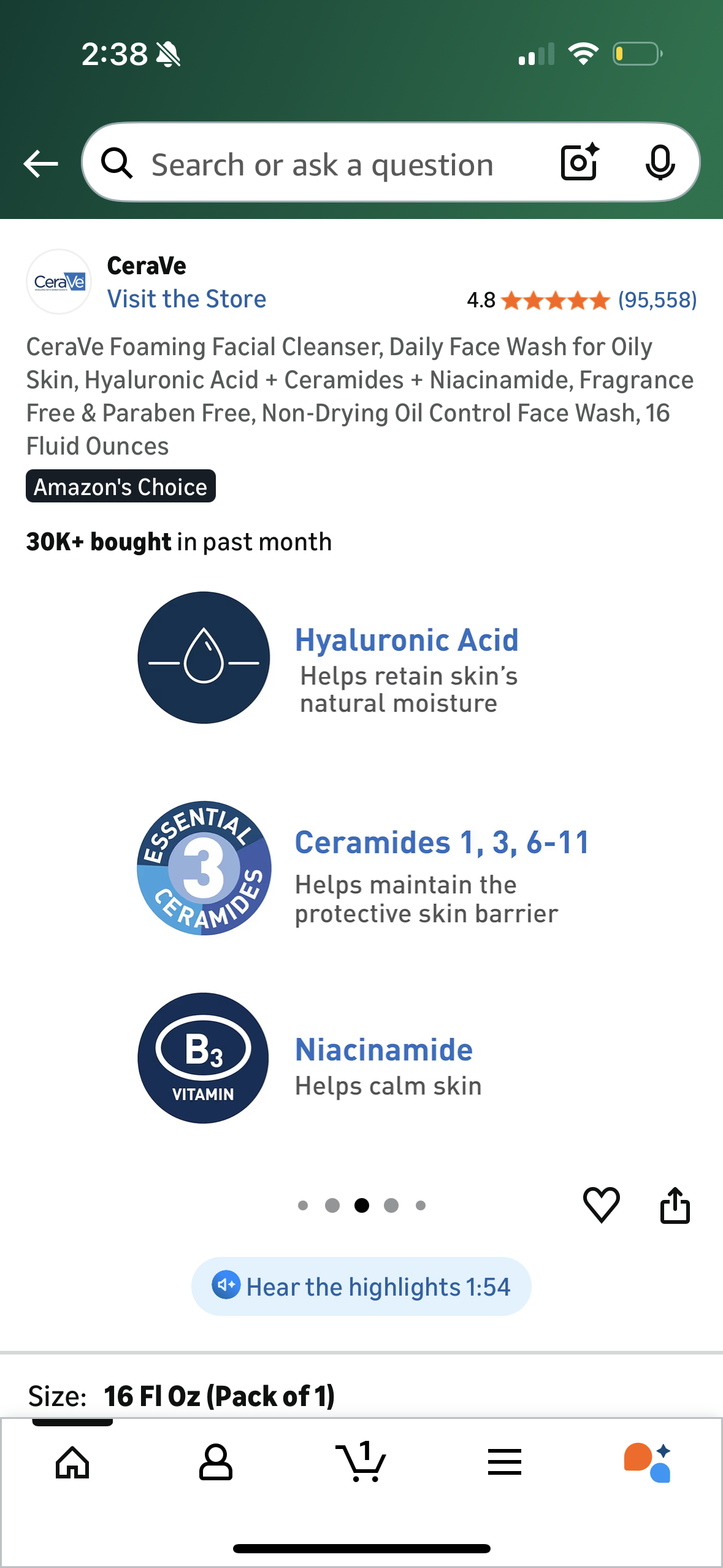 CeraVe Foaming Facial Cleanser, Daily Face Wash for Oily Skin, Hyaluronic Acid + Ceramides + Niacinamide, Fragrance Free & Paraben Free, Non-Drying Oil Control Face Wash, 16 Fluid Ounces