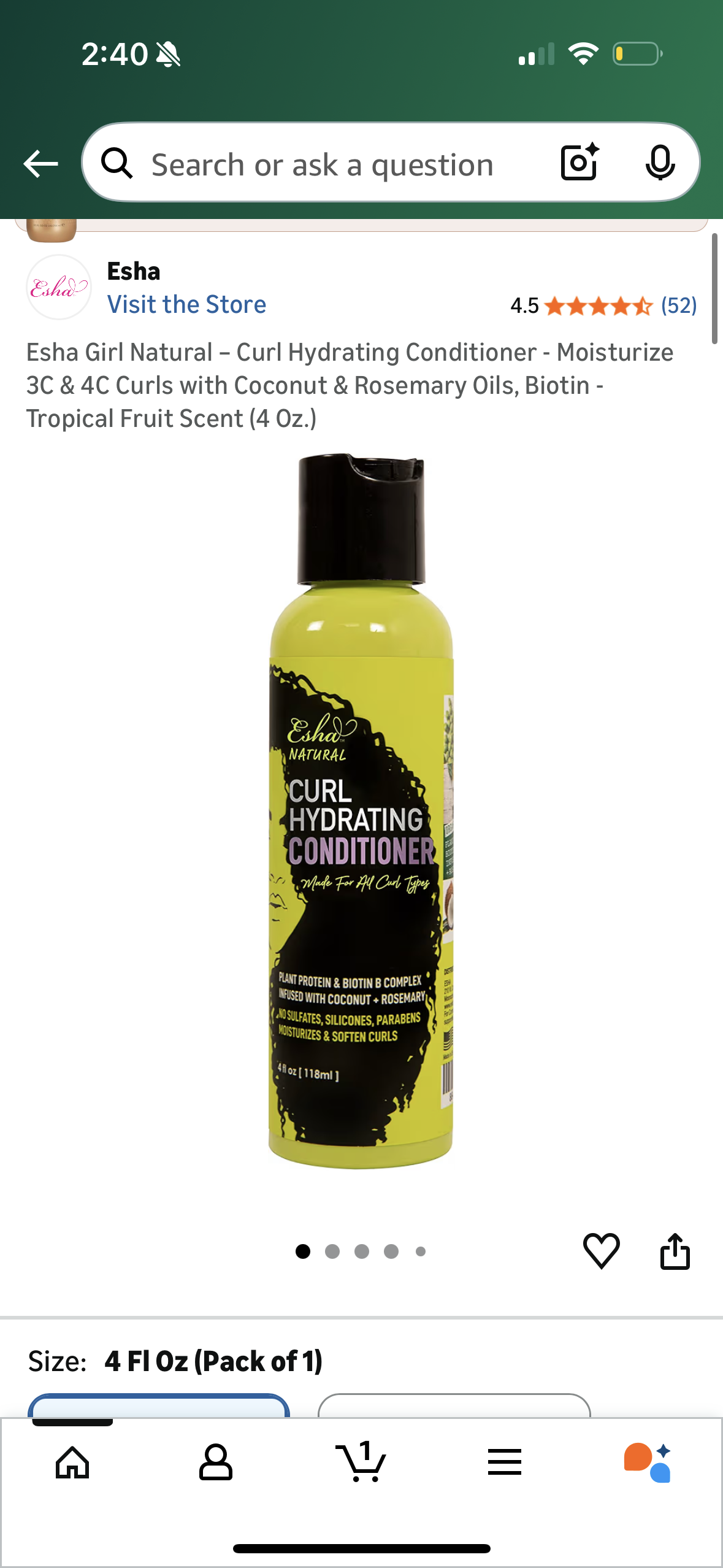 Esha Girl Natural – Curl Hydrating Conditioner - Moisturize 3C & 4C Curls with Coconut & Rosemary Oils, Biotin - Tropical Fruit Scent (4 Oz.)