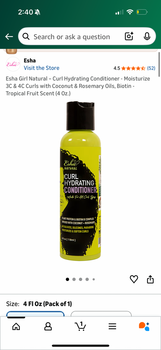 Esha Girl Natural – Curl Hydrating Conditioner - Moisturize 3C & 4C Curls with Coconut & Rosemary Oils, Biotin - Tropical Fruit Scent (4 Oz.)