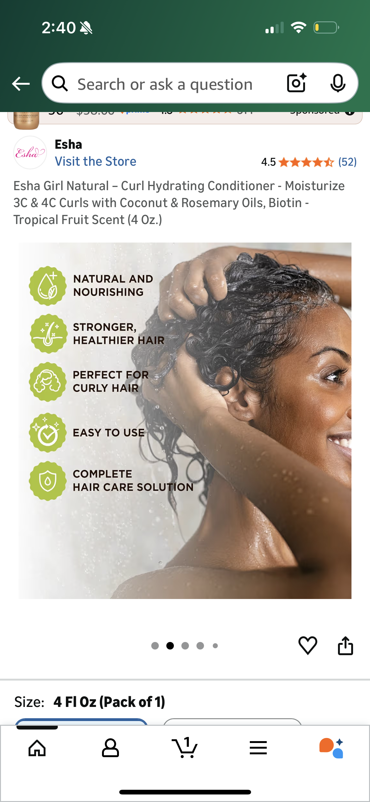 Esha Girl Natural – Curl Hydrating Conditioner - Moisturize 3C & 4C Curls with Coconut & Rosemary Oils, Biotin - Tropical Fruit Scent (4 Oz.)