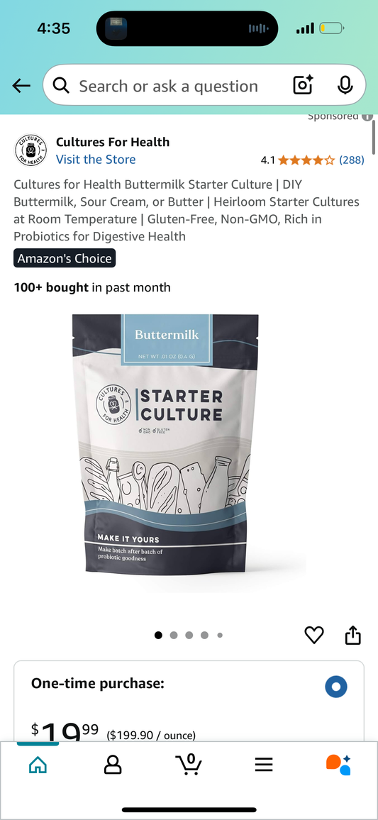 Cultures for Health Buttermilk Starter Culture | DIY Buttermilk, Sour Cream, or Butter | Heirloom Starter Cultures at Room Temperature | Gluten-Free, Non-GMO, Rich in Probiotics for Digestive Health