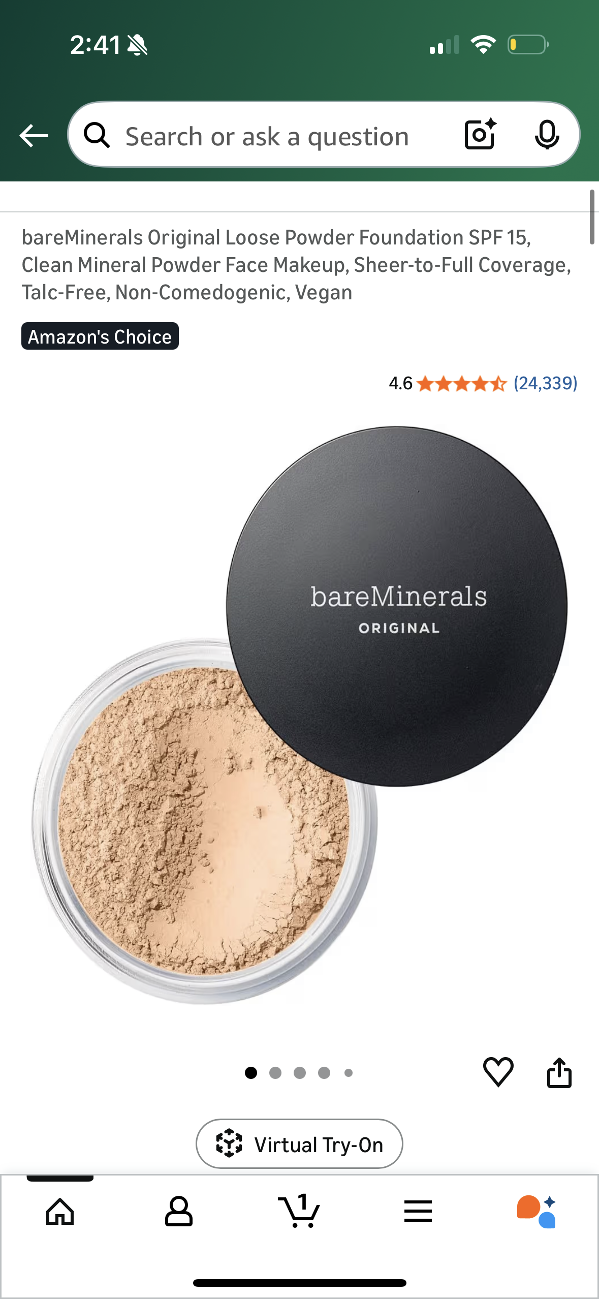 bareMinerals Original Loose Powder Foundation SPF 15, Clean Mineral Powder Face Makeup, Sheer-to-Full Coverage, Talc-Free, Non-Comedogenic, Vegan