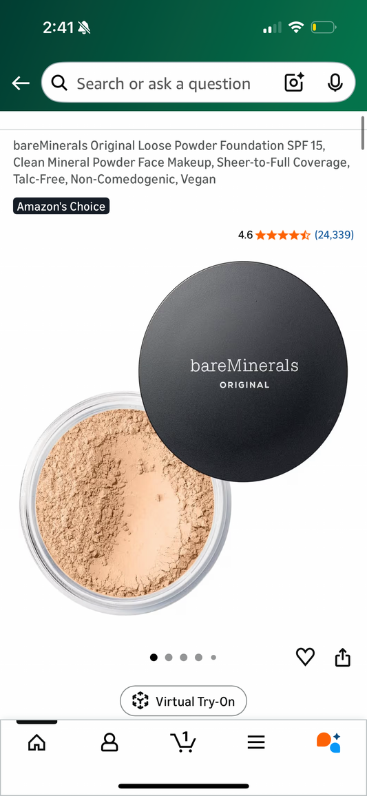 bareMinerals Original Loose Powder Foundation SPF 15, Clean Mineral Powder Face Makeup, Sheer-to-Full Coverage, Talc-Free, Non-Comedogenic, Vegan