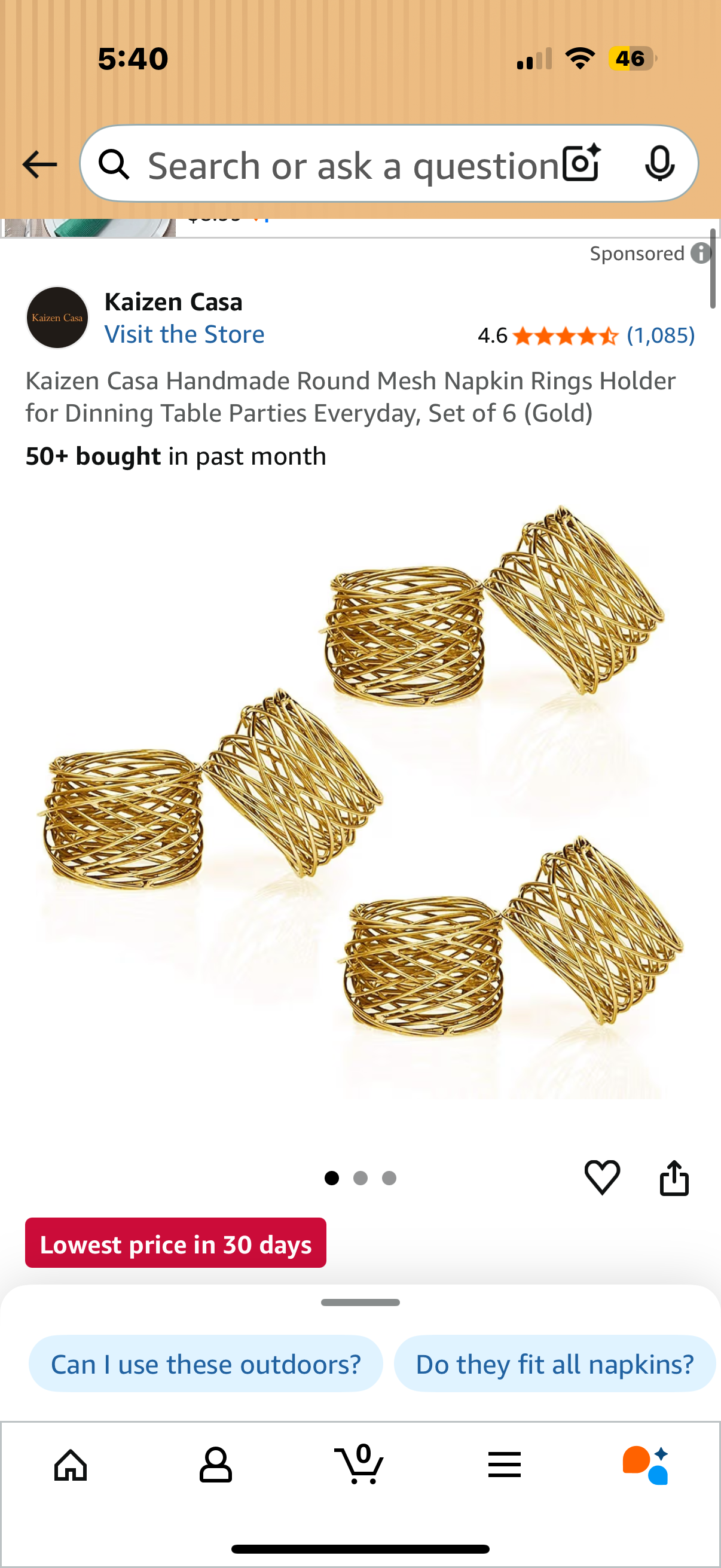 Kaizen Casa Handmade Round Mesh Napkin Rings Holder for Dinning Table Parties Everyday, Set of 6 (Gold