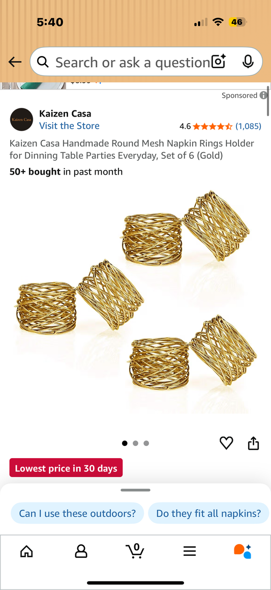 Kaizen Casa Handmade Round Mesh Napkin Rings Holder for Dinning Table Parties Everyday, Set of 6 (Gold