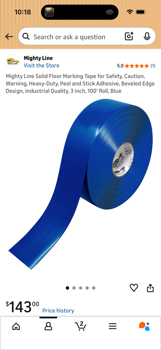 Mighty Line Solid Floor Marking Tape for Safety, Caution, Warning, Heavy-Duty, Peel and Stick Adhesive, Beveled Edge Design, Industrial Quality, 3 inch, 100' Roll, Blue