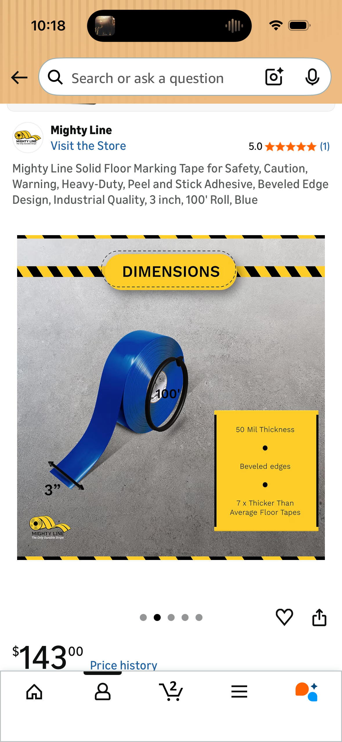 Mighty Line Solid Floor Marking Tape for Safety, Caution, Warning, Heavy-Duty, Peel and Stick Adhesive, Beveled Edge Design, Industrial Quality, 3 inch, 100' Roll, Blue