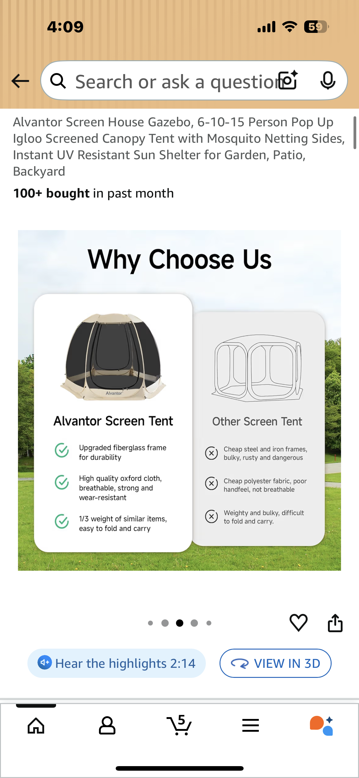 Alvantor Screen House Gazebo, 10’ x 10’ Pop Up Igloo Screened Canopy Tent with Mosquito Netting Sides, Instant UV Resistant Sun Shelter for Garden, Patio, Backyard (G895)