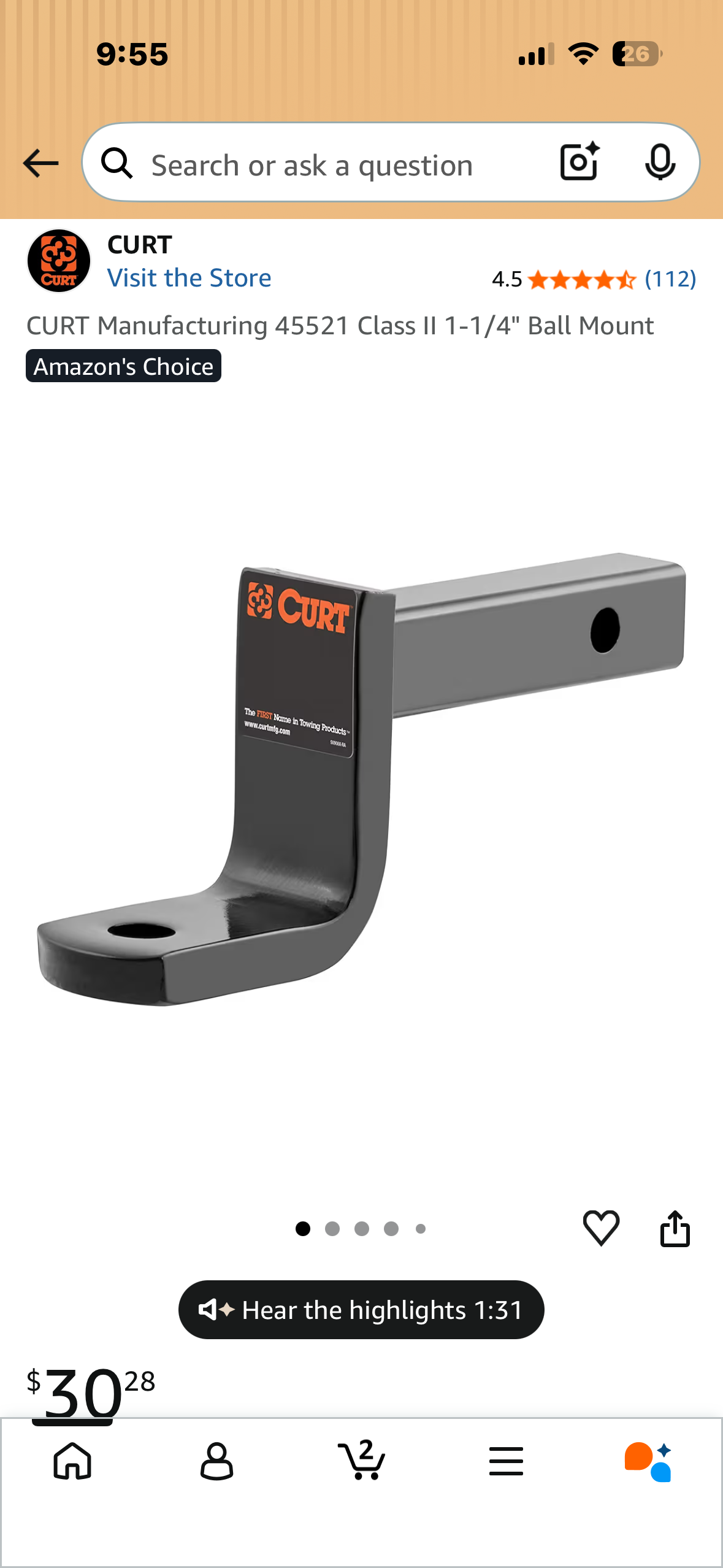 CURT Manufacturing 45521 Class II 1-1/4" Ball Mount