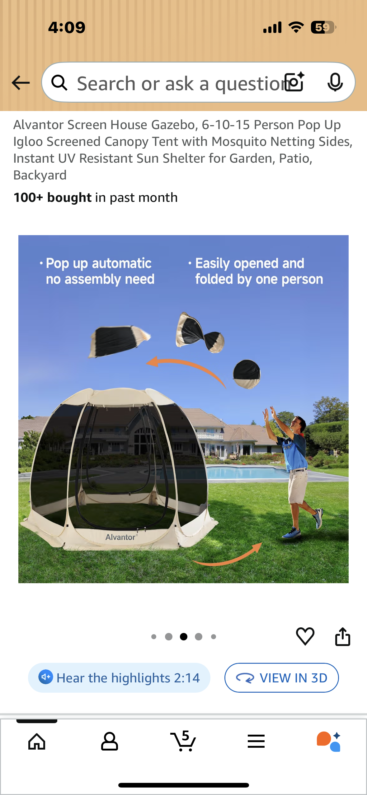 Alvantor Screen House Gazebo, 10’ x 10’ Pop Up Igloo Screened Canopy Tent with Mosquito Netting Sides, Instant UV Resistant Sun Shelter for Garden, Patio, Backyard (G895)