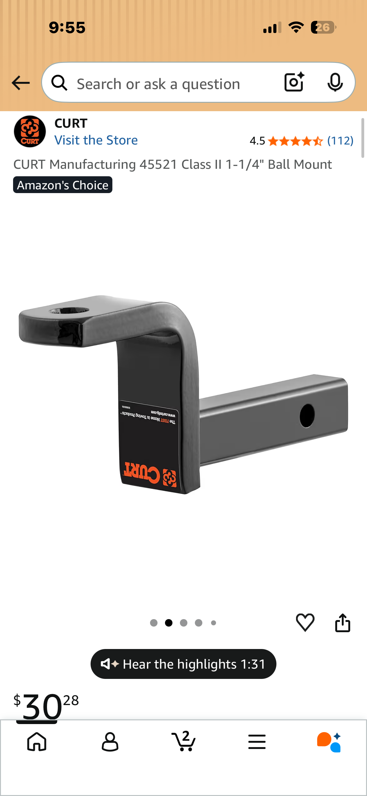 CURT Manufacturing 45521 Class II 1-1/4" Ball Mount