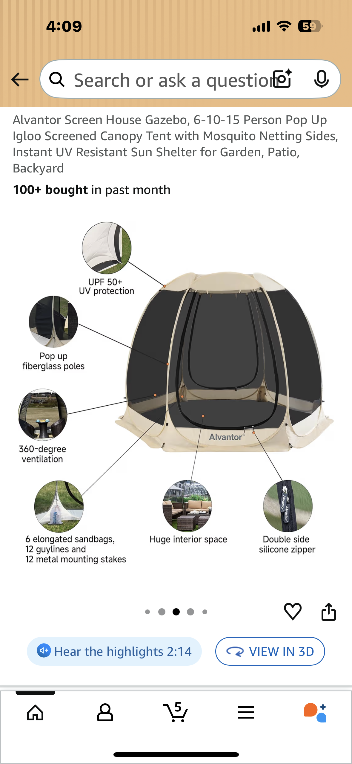 Alvantor Screen House Gazebo, 10’ x 10’ Pop Up Igloo Screened Canopy Tent with Mosquito Netting Sides, Instant UV Resistant Sun Shelter for Garden, Patio, Backyard (G895)