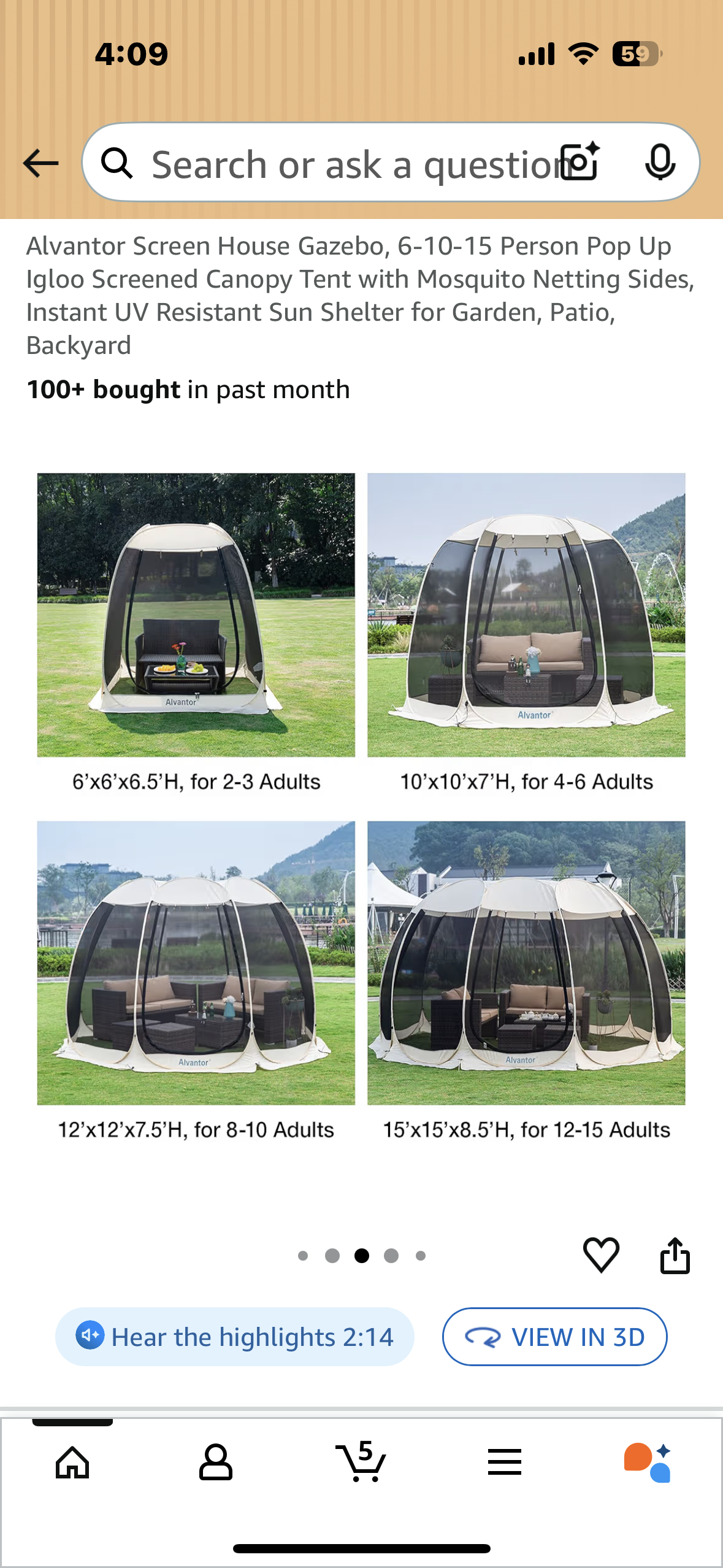 Alvantor Screen House Gazebo, 10’ x 10’ Pop Up Igloo Screened Canopy Tent with Mosquito Netting Sides, Instant UV Resistant Sun Shelter for Garden, Patio, Backyard (G895)