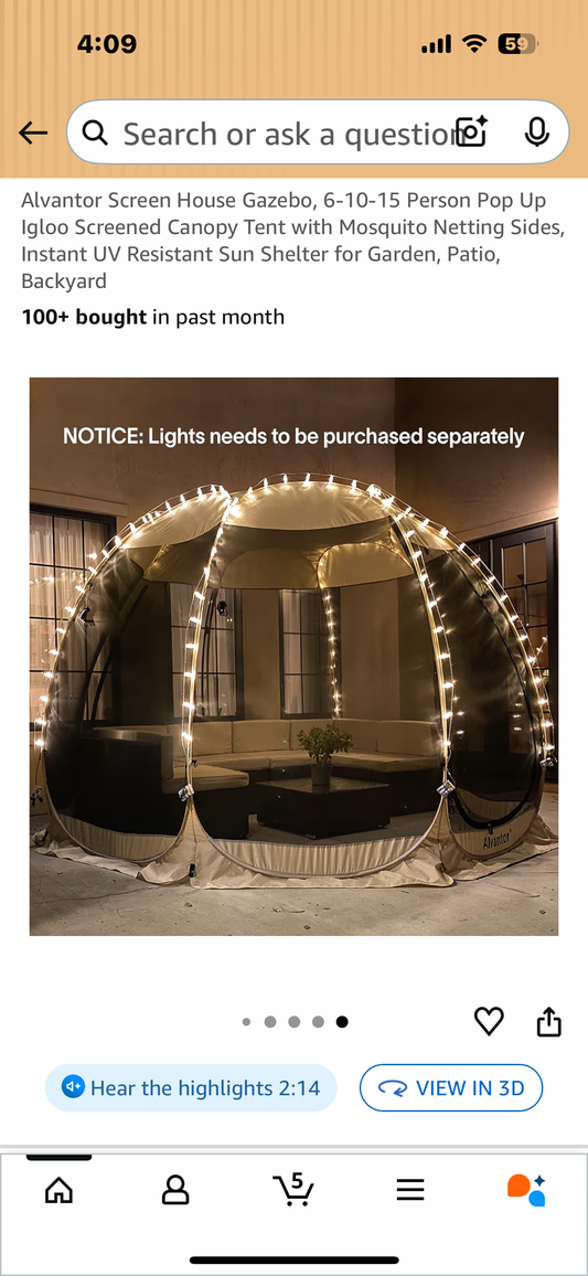 Alvantor Screen House Gazebo, 10’ x 10’ Pop Up Igloo Screened Canopy Tent with Mosquito Netting Sides, Instant UV Resistant Sun Shelter for Garden, Patio, Backyard (G895)