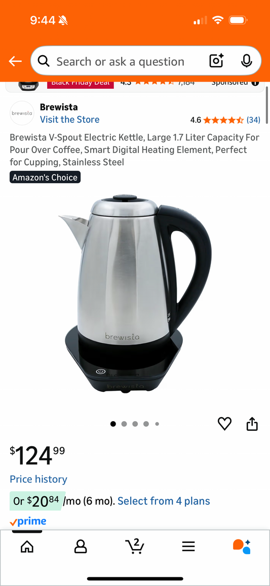 Brewista V-Spout Electric Kettle, Large 1.7 Liter Capacity For Pour Over Coffee, Smart Digital Heating Element, Perfect for Cupping, Stainless Steel