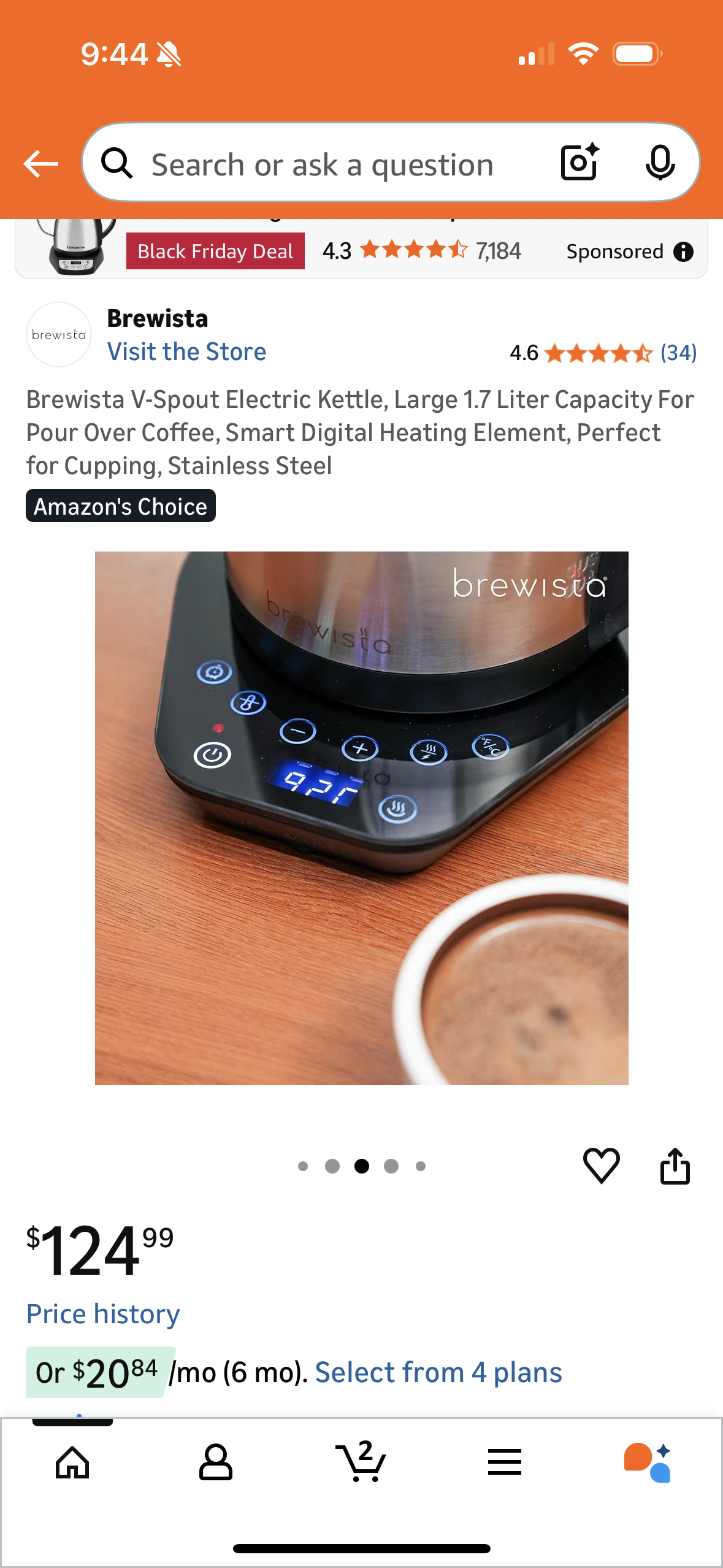 Brewista V-Spout Electric Kettle, Large 1.7 Liter Capacity For Pour Over Coffee, Smart Digital Heating Element, Perfect for Cupping, Stainless Steel