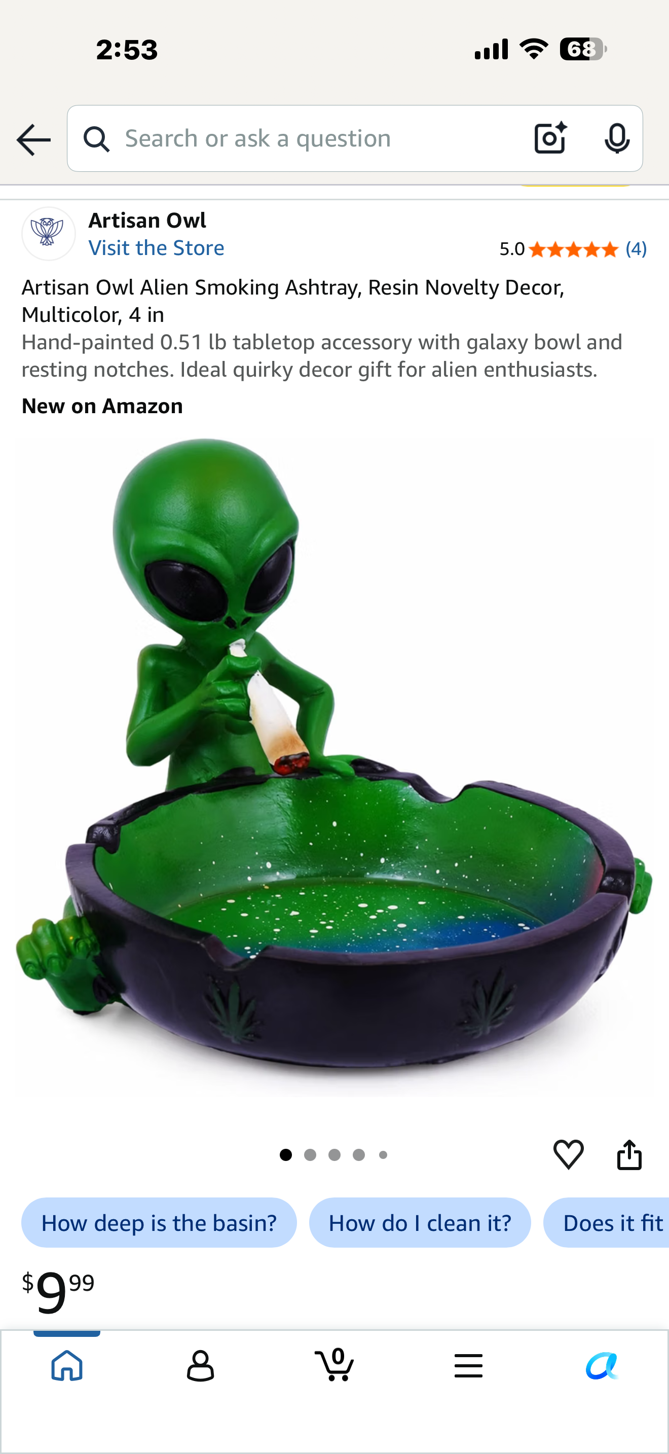 Artisan Owl Alien Smoking Ashtray, Resin Novelty Decor, Multicolor, 4 in