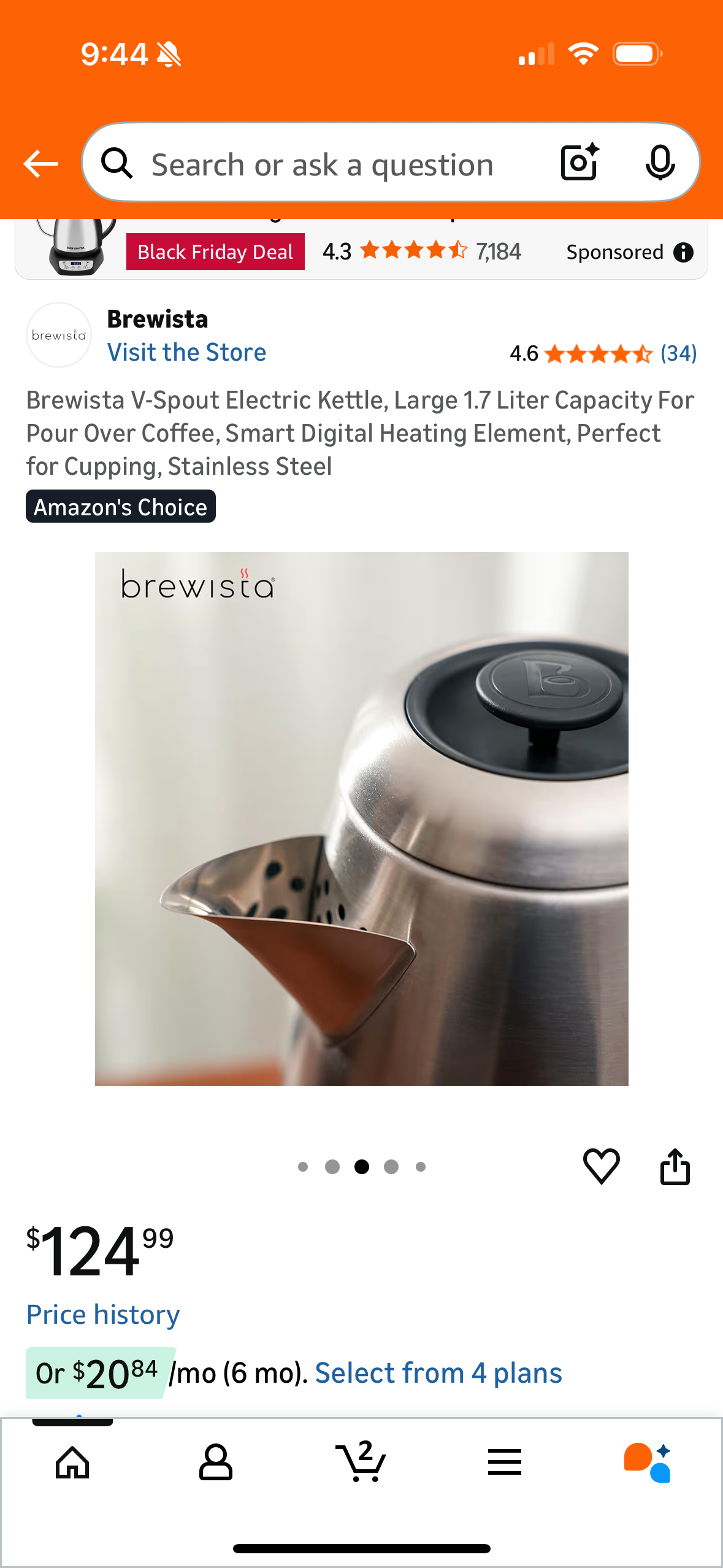Brewista V-Spout Electric Kettle, Large 1.7 Liter Capacity For Pour Over Coffee, Smart Digital Heating Element, Perfect for Cupping, Stainless Steel