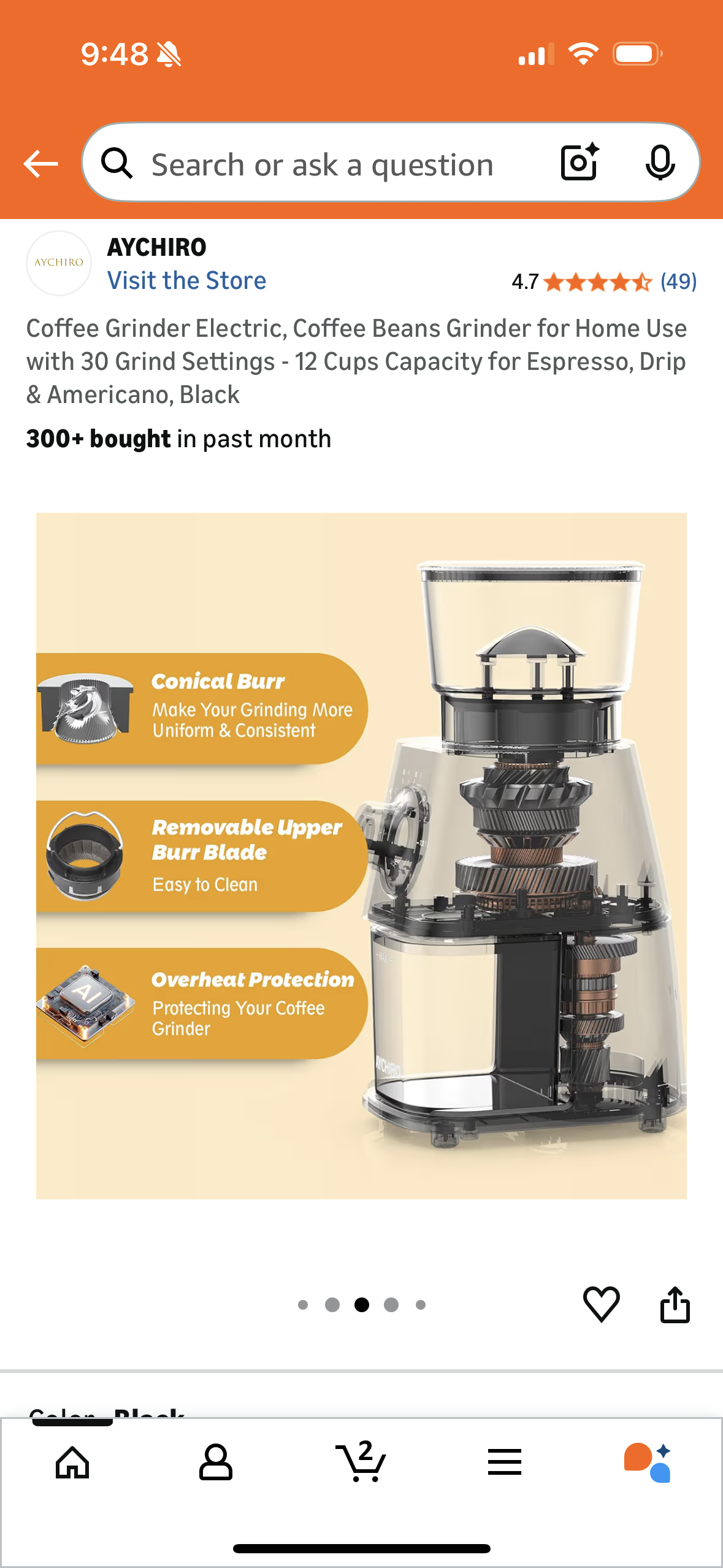 Coffee Grinder Electric, Coffee Beans Grinder for Home Use with 30 Grind Settings - 12 Cups Capacity for Espresso, Drip & Americano, Black