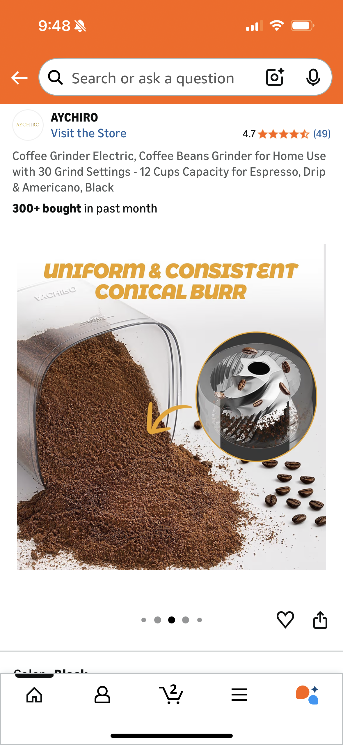 Coffee Grinder Electric, Coffee Beans Grinder for Home Use with 30 Grind Settings - 12 Cups Capacity for Espresso, Drip & Americano, Black